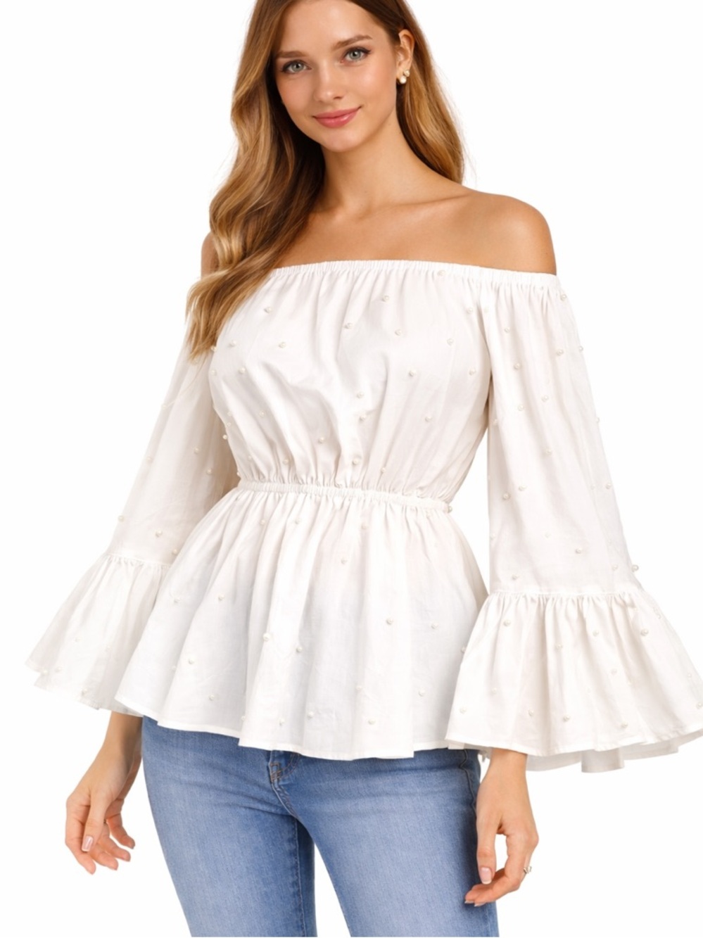 White Pearl Accent Off The Shoulder Top - Picture 1 of 9